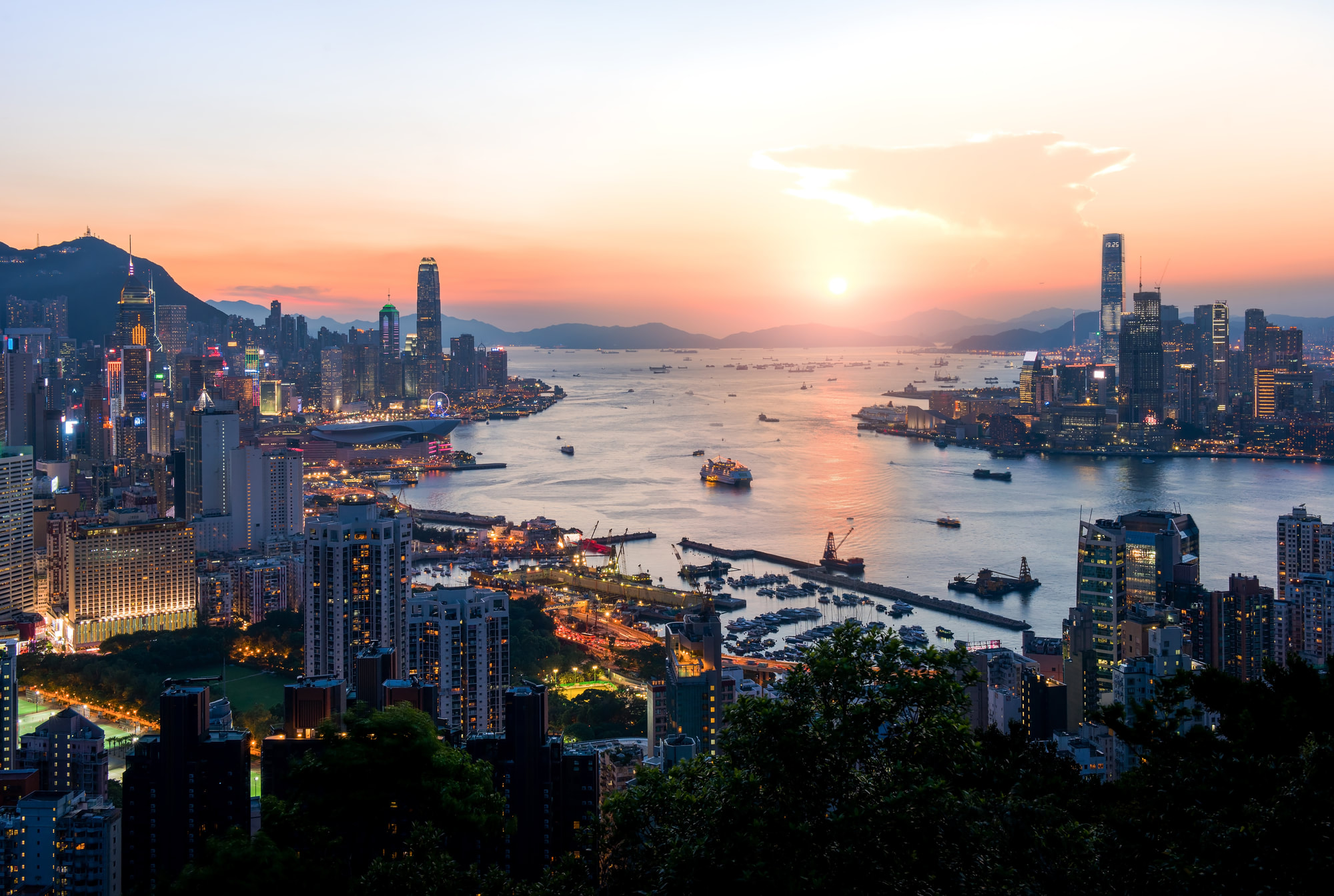 Hong Kong harbour at sunset